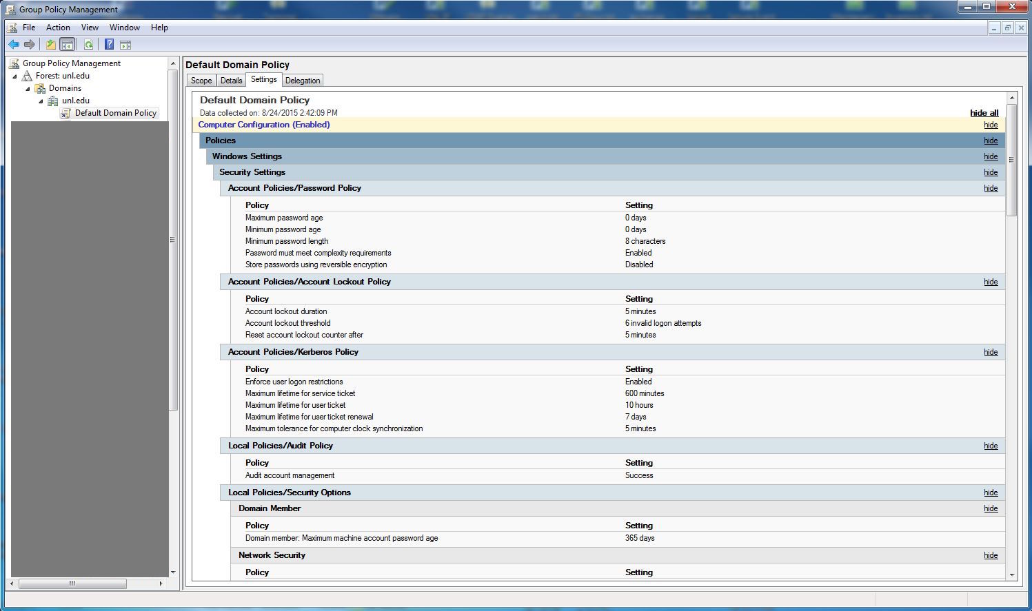 Active Directory Default Domain Policy Screenshot